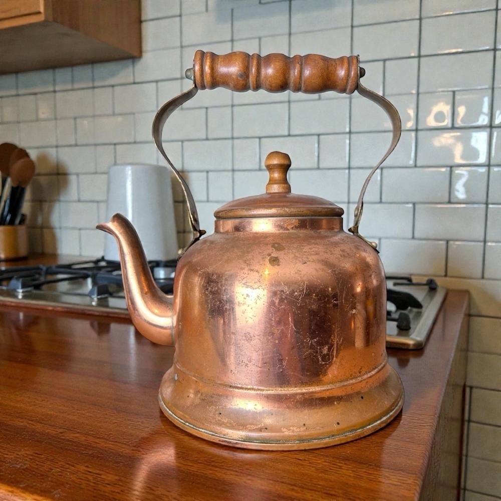 Vintage Copper Teakettle with Wooden Handle